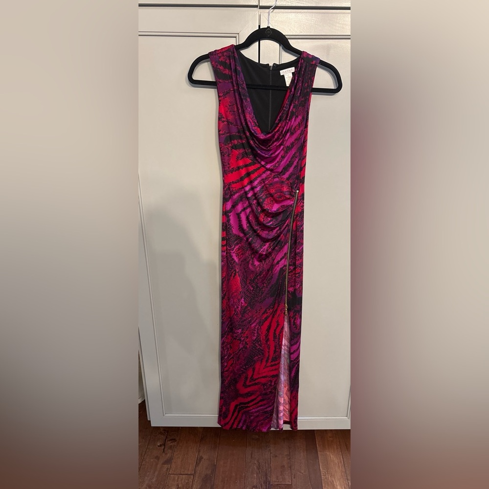 Cache Cowl Neck High Zipper Slit Snake Print Maxi - Red/Purple XS